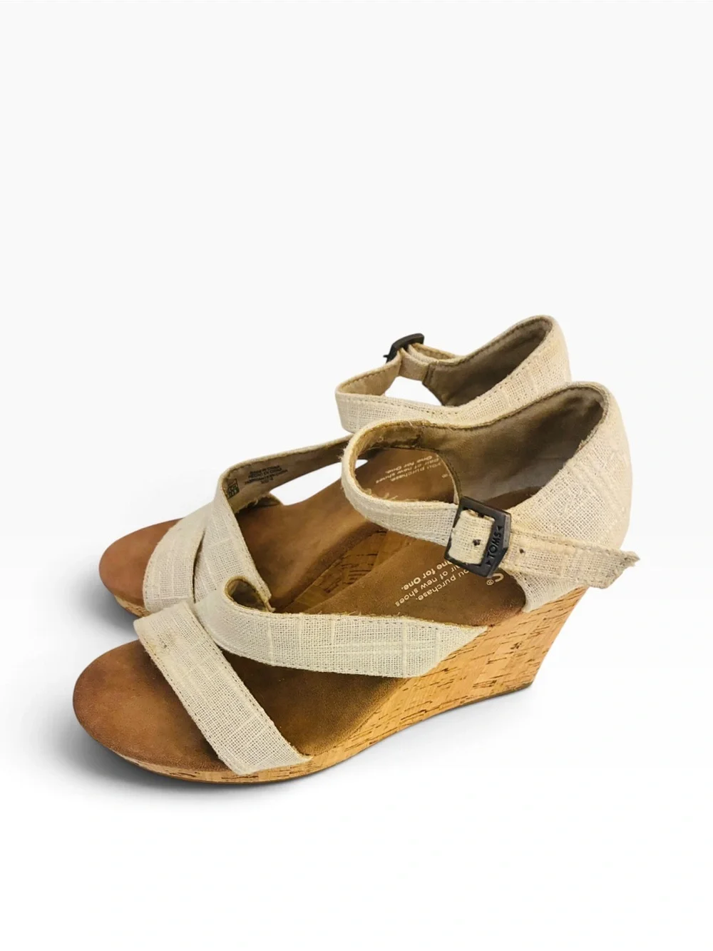 Toms Cream Linen Wedge Sandals with Cork Platform